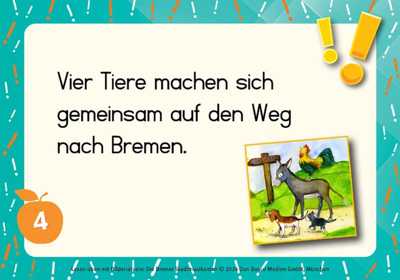 Lesen üben mit Bilderrätseln: Die Bremer Stadtmusikanten.