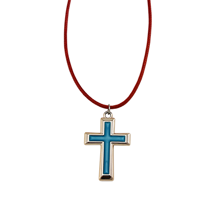 Umhängekreuz – blau mit rotem Band
